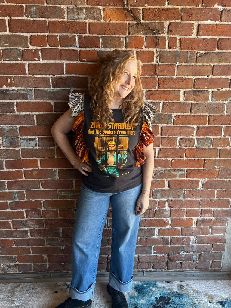 Ziggy Stardust upcycled Kantha ruffle sleeve festival tee - Main Street Threads