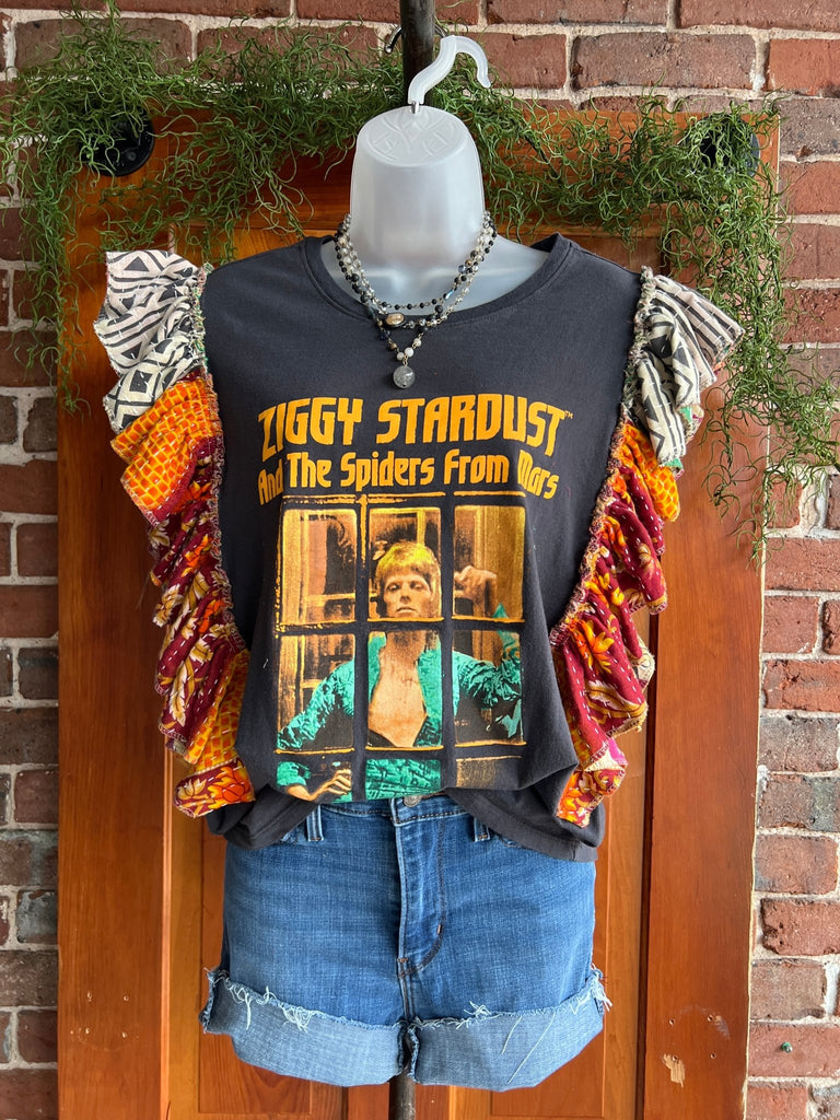 Ziggy Stardust upcycled Kantha ruffle sleeve festival tee - Main Street Threads