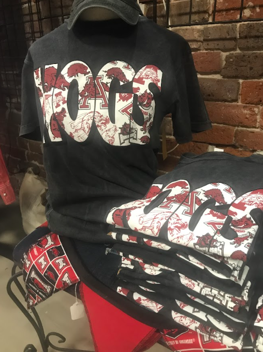 dark gray graphic tee "HOGS" spelled in all vintage logos in font