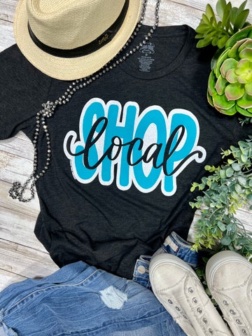 Shop local black Graphic Tee with shop local with grapic colors in blue with and b lack